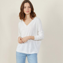 T-shirt ample col v en lin flammé - Beja 7200 blanc - 02 Blanc