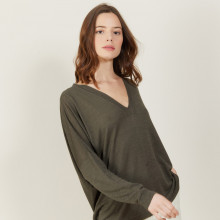 T-shirt ample col v en lin flammé - Beja 7212 fusain - 83 Kaki