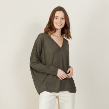 T-shirt ample col v en lin flammé - Beja 7212 fusain - 83 Kaki