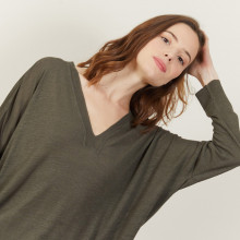 T-shirt ample col v en lin flammé - Beja 7212 fusain - 83 Kaki