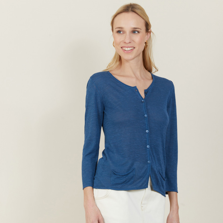 Cardigan à poches en lin flammé - Bao 7241 corsaire - 06 Bleu moyen Cardigan à poches en lin flammé - Bao 7241 corsaire - 06 Bleu moyen