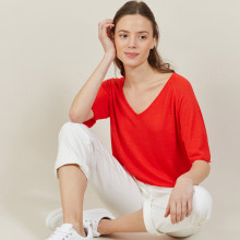 T-shirt manches coudes en lin flammé - Bonbon 7280 ecarlate - 52 Rouge
