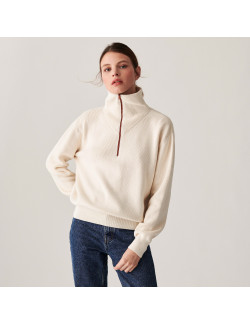 Pull col camionneur zippé en grosse maille - Denise 7403 ecru/cognac - 82 Ecru