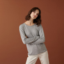 T-shirt boutonné en bambou cachemire col rond en maille fine - Aelia 7411 volute - 09 Gris moyen