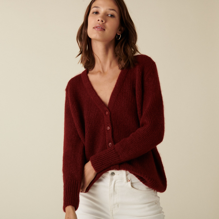 Cardigan boutonné col V en mohair - Anais 7485 brique - 20 Rouge foncé Cardigan boutonné col V en mohair - Anais 7485 brique - 20 Rouge foncé