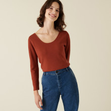 Pull col rond en laine mérinos maille fine - Altesa 7461 cognac - 92 Rouille