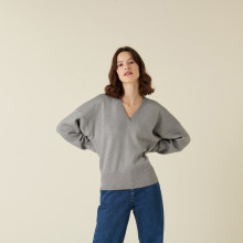 Pull ample col V finition bords côtes - Alderic 7411 volute - 09 Gris moyen