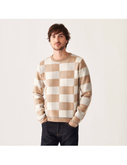 Pull motif damier en cachemire - Amadeo 7542 sable/ecru/volute - 13 Beige moyen