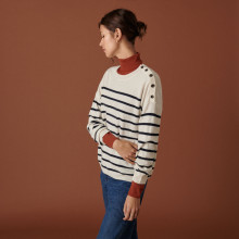 Pull boutonné à col rond bicolore en cachemire - Dalton 7517 ecru/marine - 82 Ecru
