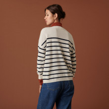 Pull boutonné à col rond bicolore en cachemire - Dalton 7517 ecru/marine - 82 Ecru