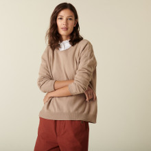 Pull ample boutonné à col rond en cachemire - Acene 7404 sable - 13 Beige moyen