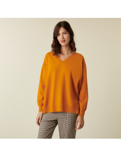 Pull col V en cachemire à fentes et bords côtes - Alienor 7460 tournesol - 15 Orange