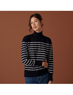 Pull col roulé en laine mérinos finitions bord côtes - Colette 7526 marine/ecru - 05 Bleu marine