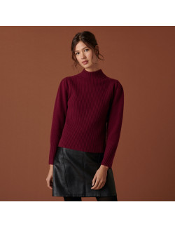 Pull en cachemire col montant en maille côtelée - Carene 7482 griotte - 51 Bordeaux