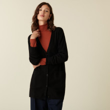 Long cardigan col V en cachemire à fentes et poches - Aden 7410 noir - 01 Noir