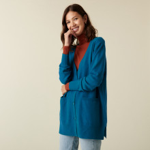 Long cardigan col V en cachemire à fentes et poches - Aden 7443paon - 06 Bleu moyen