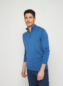 Pull col camionneur avec logo en laine mérinos - Ryan 7643 orage - 06 Bleu moyen