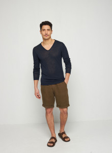T-shirt col tunisien en lin flammé - Blayne 7640 marine - 05 Bleu marine