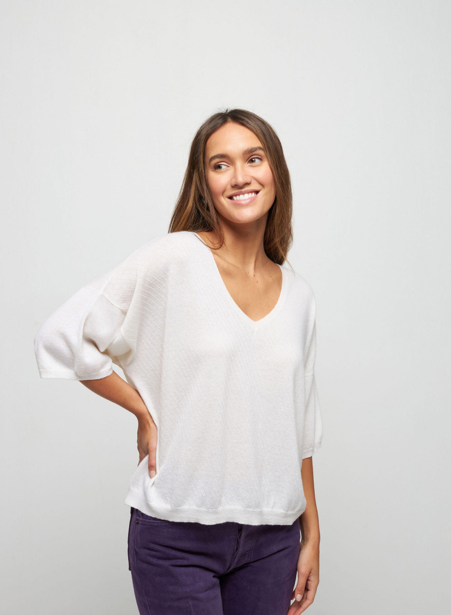 T-shirt à manches coudes en cachemire light - Solange 7601 ecru - 82 Ecru T-shirt à manches coudes en cachemire light - Solange 7601 ecru - 82 Ecru
