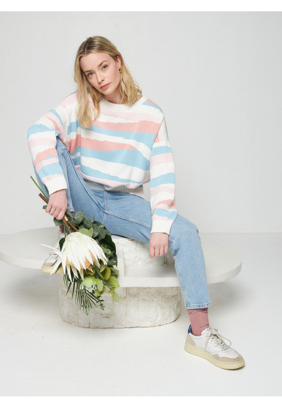 Pull à motifs en coton bio - Solal ecru/rose/horizon/blush - 04 Bleu clair Pull à motifs en coton bio - Solal ecru/rose/horizon/blush - 04 Bleu clair
