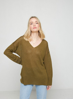 Pull oversize col V en lin - Tiphaine 7650 kaki - 83 Kaki
