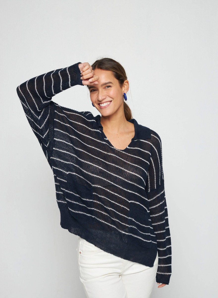 Pull ample col polo en lin - Tiara 7729 marine/ecru Pull ample col polo en lin - Tiara 7729 marine/ecru