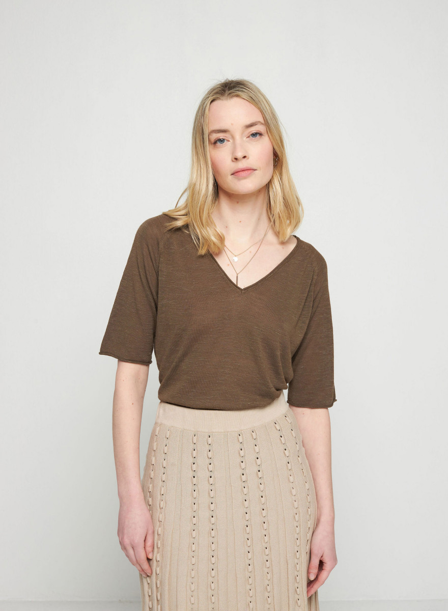 Flamed linen elbow sleeve t-shirt - Bonbon Flamed linen elbow sleeve t-shirt - Bonbon