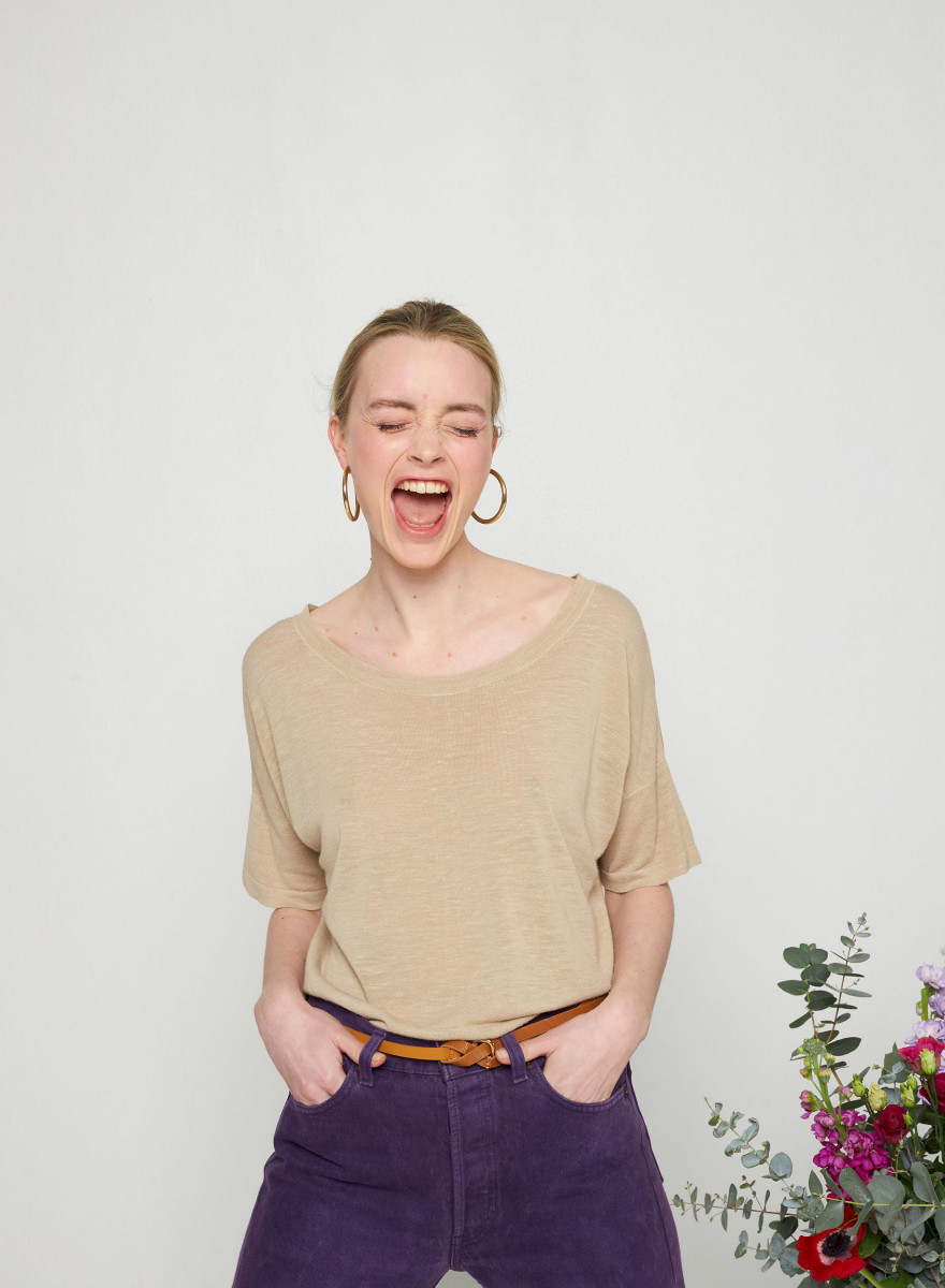 Flamed linen button back t-shirt - Tally Flamed linen button back t-shirt - Tally