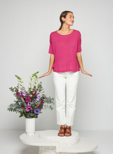 T-shirt ample manches coudes en lin flammé - Taslim 7681 pivoine - 26 Rose foncé