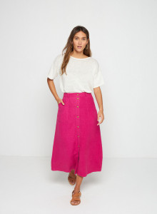 Jupe longue à boutons en lin - Tourya 7681 pivoine - 26 Rose foncé