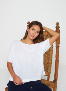T-shirt ample manches coudes en lin flammé - Taslim 7601 ecru - 02 Blanc