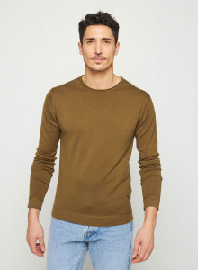 Pull col rond en laine mérinos finitions roulotées - Rythme 7650 kaki - 83 Kaki