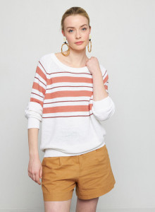 Pull ample rayé en lin flammé - Tael 7709 ecru/argile/blush - 02 Blanc
