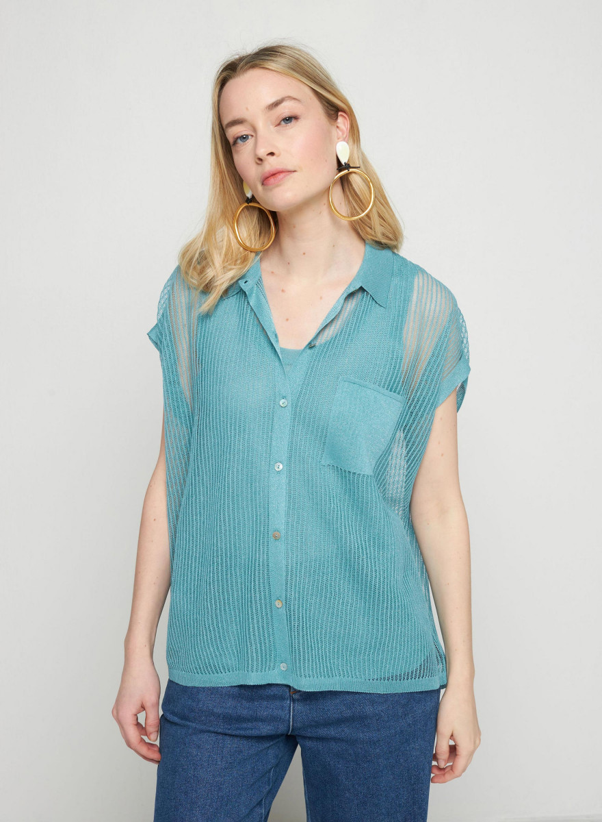 Chemisier manches courtes effet irrisé - Stacy 7647 opaline - 49 Turquoise Chemisier manches courtes effet irrisé - Stacy 7647 opaline - 49 Turquoise