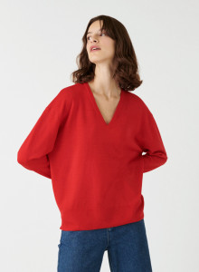 Pull col V à fentes en laine mérinos - Aurora 7480 rubis - 52 Rouge