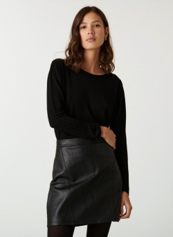 	T-shirt boutonné en bambou cachemire col rond en maille fine - Aelia 7410 noir - 01 Noir