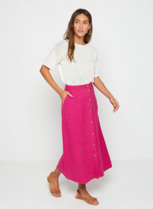 Jupe longue à boutons en lin - Tourya 7681 pivoine - 26 Rose foncé