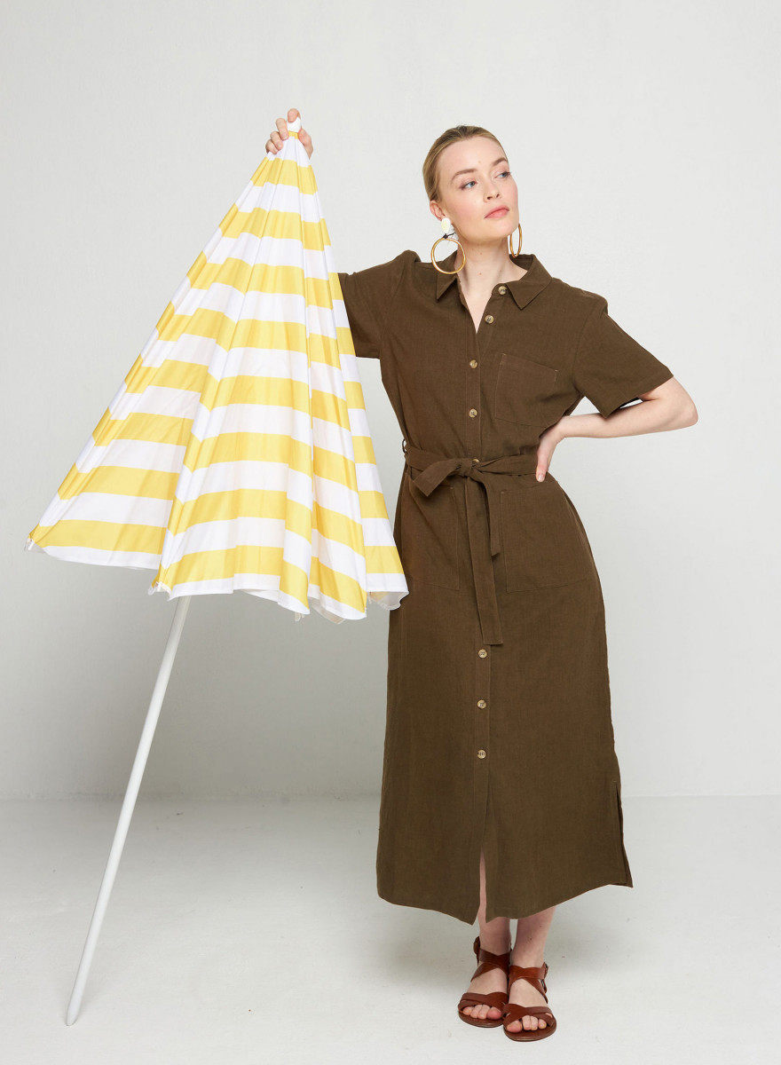 Robe chemise manches courtes en lin -Tori 7650 kaki - 83 Kaki Robe chemise manches courtes en lin -Tori 7650 kaki - 83 Kaki