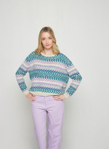 Pull multicolore coton et lin - Thadji 7735 ecru/turquoise/lavande/lagon - 04 Bleu clair