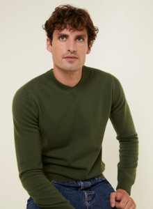 Pull col V en cachemire - Evann 7850 foret - 83 Kaki