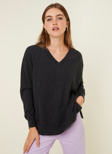 Pull ample à fentes col V en cachemire - Alienor 7813 ombre - 10 Gris foncé
