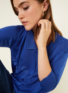 Polo col noué manches coudes en Fil Lumière - Enora 4847 beignet - 03 Bleu foncé