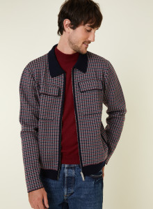 Veste col polo à motifs pied-de-poule en laine mérinos - Fabien