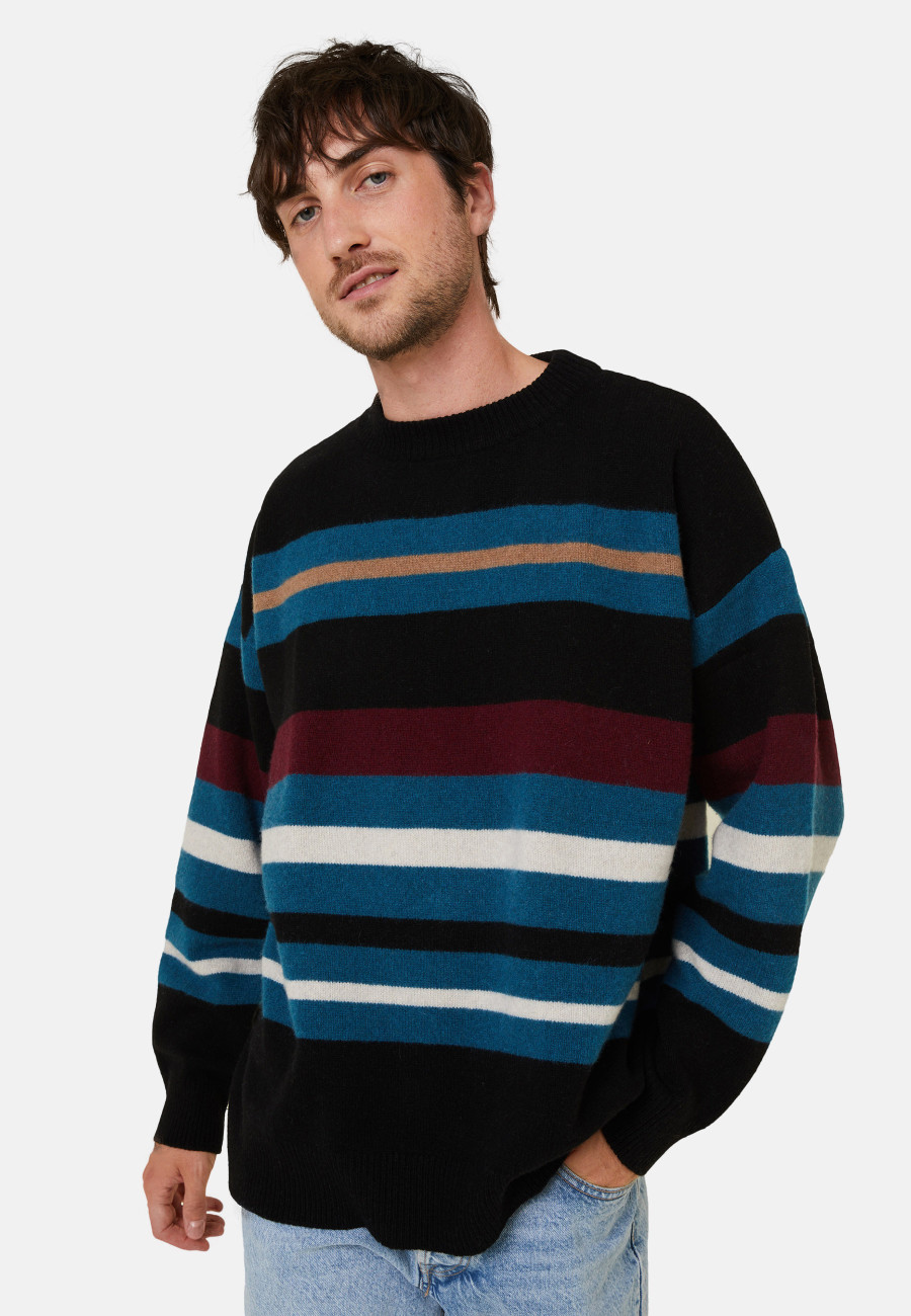 Pull col rond rayé en cachemire et laine recyclés - Fael 7946 noir/pacifique/ecru/camel - 01 Noir Pull col rond rayé en cachemire et laine recyclés - Fael 7946 noir/pacifique/ecru/camel - 01 Noir