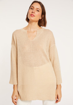Tunique ample col V en lin - Marielle 8020 ficelle - 12 Beige clair