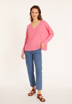 T-shirt oversize col v en lin flammé - Beja 8082 dahlia - 24 Rose clair