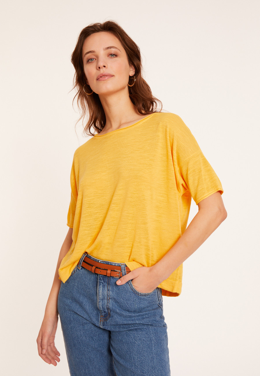 T-shirt ample manches coudes en lin flammé - Taslim 8060 - 08 Jaune T-shirt ample manches coudes en lin flammé - Taslim 8060 - 08 Jaune