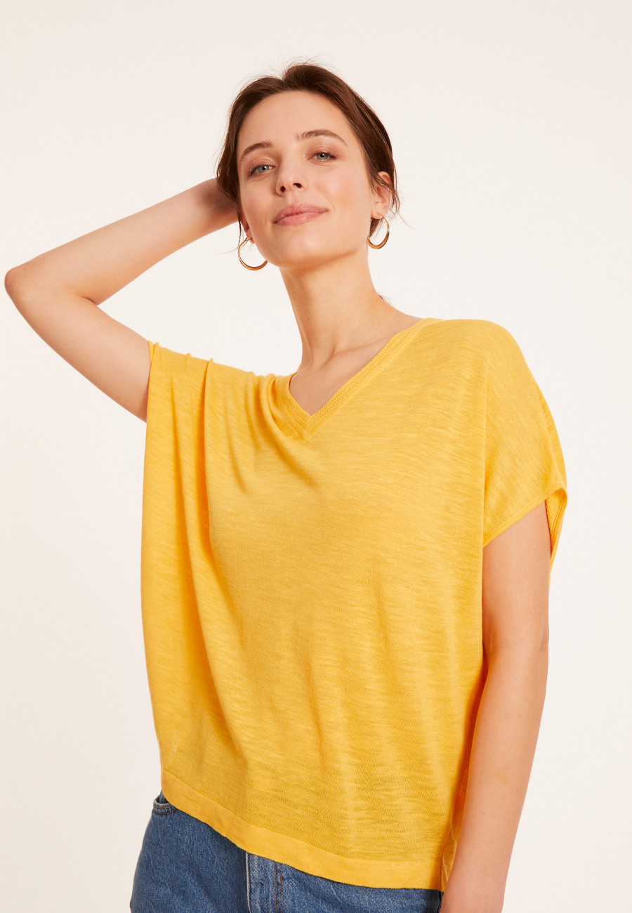 T-shirt ample col V en lin flammé - Marra 8060 - 08 Jaune T-shirt ample col V en lin flammé - Marra 8060 - 08 Jaune
