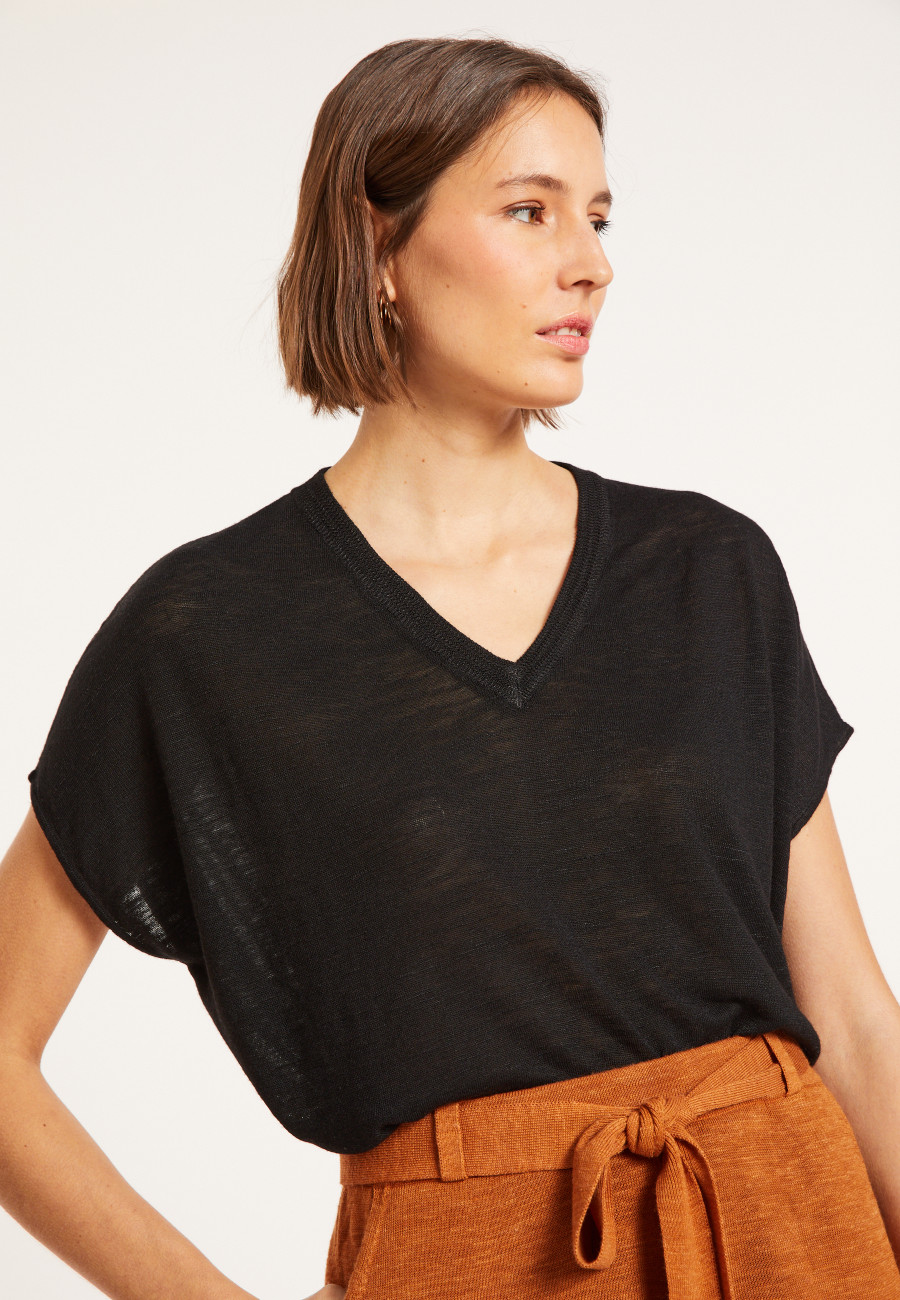 T-shirt ample col V en lin flammé - Marra 8010 - 01 Noir T-shirt ample col V en lin flammé - Marra 8010 - 01 Noir