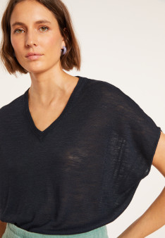 T-shirt ample col V en lin flammé - Marra 8040 - 05 Bleu marine